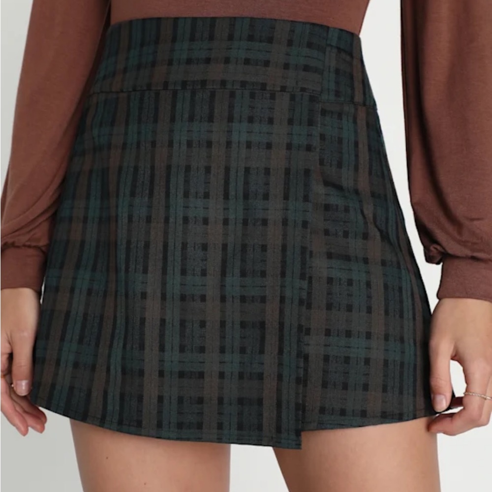 Lulu's Green and Brown Plaid A-Line Skirt